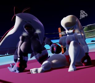 2girls 3d after_fight all_fours beach_boxing big_breasts big_thighs black_boxing_gloves black_gloves boxing boxing_gloves boxing_match boxing_ring breasts charlie_morningstar charlie_morningstar_(hazbin_hotel) demon demon_girl duo exhausted female female_focus female_only fighting_ring gloves hazbin_hotel huge_breasts josugomezofficialnew large_breasts nipples red_boxing_gloves red_gloves sand sitting thick thick_hips thick_thighs thighs topless topless_boxing topless_female vaggie vaggie_(hazbin_hotel) water wide_hips yellow_hair yuri