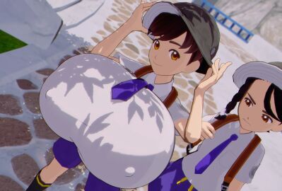 1boy 1futa 3d big_breasts breast_envy breasts busty_male female florian_(pokemon) futanari huge_breasts hyper_breasts intersex jealous jealous_female jealousy juliana_(pokemon) male male_with_breasts nintendo pokemon pokemon_sv