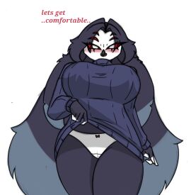 anthro avian big_breasts bird blush breasts clothing demon elderly female helluva_boss oc owl owl_demon pace-maker panties queen_octavia queen_octavia_(teathekook) small_waist solo sweater thick_thighs topwear underwear wide_hips