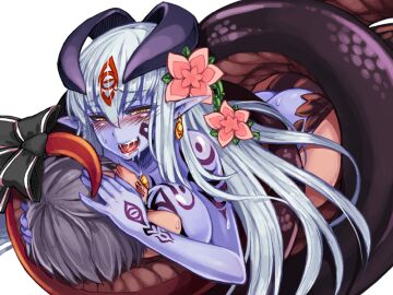 1boy alipheese_fateburn_xvi ass black_ribbon blush bmp-to-png_conversion breast_tattoo breasts collarbone colored_skin completely_nude couple cowgirl_position drooling earrings eye_tattoo facial_tattoo female flower game_cg hair_between_eyes hair_flower hair_ornament hair_tattoo half-closed_eyes hand_tattoo hands_on_another's_head horns hug jewelry kenkou_cross lamia large_breasts long_hair luka_(mon-musu_quest!) male mon-musu_quest! monster_girl naga non-web_source nude open_mouth pointy_ears purple_hair purple_skin pussy ribbon scales sex short_hair shoulder_tattoo simple_background single_earring smile snake_bondage stomach_tattoo straight sweat tail tail_ornament tail_ribbon tattoo teeth tongue tongue_out transparent_background upper_teeth vaginal_penetration very_long_hair white_hair yellow_eyes