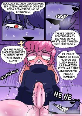 anthro antlers balls big_penis blush bodily_fluids canid canine canis clothed clothing comic dialogue digital_media duo erection female femboy fur fzst gay_with_woman genitals grey_body grey_fur hair hi_res horn humanoid_genitalia humanoid_penis interspecies lagomorph leporid male mammal nude open_mouth penis pink_body pink_fur pink_hair predator/prey rabbit renita_reed scared scared_face sharp_teeth simple_background spanish_text speech_bubble sweat sweater tears teeth text topwear translated vein veiny_penis wolf