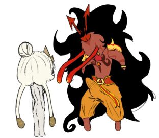 ass black_hair boner_in_pants bulge burning_spice_cookie clothed_male_nude_female cookie_run cookie_run_kingdom crack eyes_on_chest eyes_popping_out female flat_ass hair_bun help huge_bulge long_hair looking_at_another male mystic_flour_cookie naked_female petite_female showing_off very_long_hair what white_background white_body white_hair wild_take