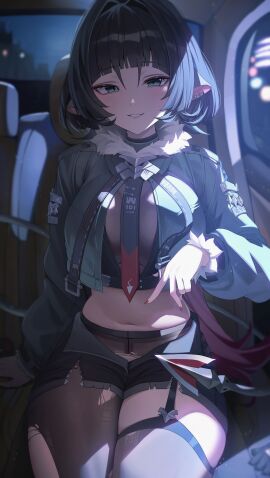1girls absurdres animal_ears arm_support black_gloves black_hair black_pantyhose black_shorts black_thighhighs blurry blush breasts car_interior commentary_request crop_top female fingernails fur-trimmed_jacket fur_trim gloves green_eyes grey_jacket hair_intakes hand_up highres jacket jane_doe_(zenless_zone_zero) large_breasts long_hair long_sleeves looking_at_viewer midriff mouse_ears mouse_girl mouse_tail nail_polish navel necktie night open_fly pantyhose puffy_long_sleeves puffy_sleeves red_nails red_necktie short_shorts shorts single_leg_pantyhose single_thighhigh sitting smile solo stomach tail thighhighs thighs torn_clothes torn_pantyhose torn_thighhighs unnunal_(unneonal) unworn_gloves zenless_zone_zero
