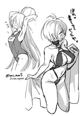 aged_down arms_up big_breasts breasts cleavage female female_only gegege_no_kitarou genderswap genderswap_(mtf) ghost_girl hair_over_one_eye kitarou_tanjou_gegege_no_nazo leotard long_hair looking_at_viewer medama_oyaji_(human) mi_am5 monochrome name_tag one-piece_swimsuit rule_63 school_swimsuit short_hair sketch small_breasts smile solo sweat swimsuit very_long_hair