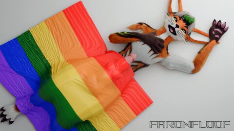 4k absurd_res anthro blender_(artwork) blender_cycles bulge canid canine digital_media_(artwork) faronfloof faronfloof_(character) fox genitals hi_res knot knotted_penis lgbt_pride lgbt_pride_month looking_at_viewer lying male mammal on_back peeking_penis penis pride_color_flag pride_colors rainbow_pride_colors rexouium solo vrchat watermark