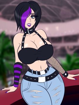 1girls big_breasts big_thighs black_hair breasts choker clothed clothed_female clothing cyan_eyes female female_only glazinbuns goth goth_girl gothic hair_over_one_eye light-skinned_female light_skin oc original original_character purple_highlights ripped_jeans stiches thick_thighs thighs two-tone_hair