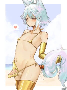 1boy absurdres anal anal_beads anal_object_insertion anal_tail animal_ears bar_censor bikini blue_hair blush censored elbow_gloves fake_tail femboy gloves gold_bikini gold_gloves gold_thighhighs highres looking_at_viewer male male_focus male_only micro_bikini nohtuy nohtuy18 object_insertion original otoko_no_ko penis red_eyes sex_toy short_hair smile swimsuit tail trap