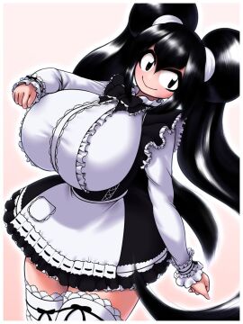 1girls absolute_territory bangs black_eyes black_hair blunt_bangs blush frills hair_buns harashima_rojami huge_breasts kumahoihoi lace-trimmed_thighhighs long_hair maid_uniform parted_bangs skirt thighhighs white_apron