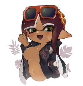 1girls bangs blunt_bangs breasts dokudami-sama_(vaz_999) eyewear eyewear_on_head female highres inkling inkling_girl inkling_player_character jacket long_hair looking_at_viewer navel nintendo no_bra open_jacket open_mouth pointy_ears sino_(o_x_x_o) solo splatoon splatoon_(series) splatoon_oc sunglasses sunglasses_on_head tentacle tentacle_hair