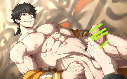 2boys abs balls bar_censor bara bare_shoulders barefoot black_hair braid censored closed_mouth cowboy_shot dutch_angle erection feet footjob green_eyes highres jacket jo_togame kuroshinki large_pectorals male male_focus male_pubic_hair medium_hair multiple_boys multiple_males muscular muscular_male navel orange_jacket out_of_frame paid_reward_available pectorals penis pubic_hair short_braid single_braid smile testicles toes togame_jo togame_jou watermark wind_breaker wind_breaker_(nii_satoru) yaoi