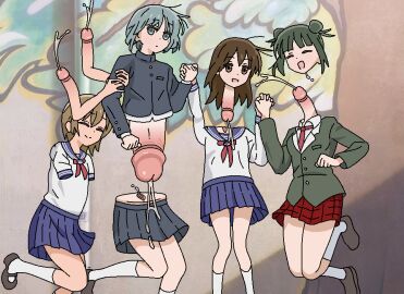 4girls body_horror diphallism holding_hands huge_cock hyper_penis intersex jbxpist jumping mito_kumi_(borusen) monophallia more_at_source original_character original_characters parody penis penis_arm penis_limb penis_lower_body penis_neck pussy pussy_juice pussy_neck uncensored unusual_anatomy unusual_genitalia_placement unusual_penis_placement unusual_pussy_placement what