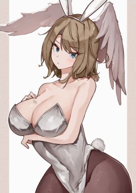 1girls blue_eyes breasts brown_hair bunny_ears bunny_tail bunnysuit eunie_(xenoblade) female hand_on_breast high_entia hourglass_figure large_breasts looking_at_viewer oniisan02b shiorino_mani_(artist) white_bunnysuit wide_hips wings_on_head xenoblade_(series) xenoblade_chronicles_3 yotsuhauni