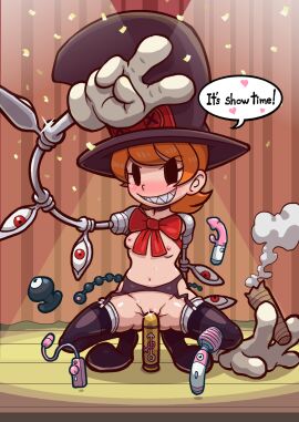 breasts female grin heart nipples peacock_(skullgirls) pussy sex_toy sitting skullgirls text thick_thighs vibrator