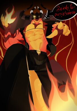 1boy 4_eyes abs anthro athletic athletic_male black_jacket black_jeans chest clothing demon_dragon demon_horns detailed dragon dragon_tail dragon_wings furry furry_only hell helluva_boss horn looking_at_viewer male male_only multi_eye muscular muscular_anthro muscular_male pointing red_skin satan_(helluva_boss) smirk spike_tail spikes standing tail teeth two-tone_body wings worm's-eye_view yellow_eyes