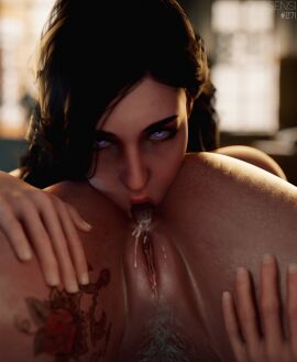 2girls 3d anilingus anus ass ass_up black_hair cd_projekt_red ciri eating_ass female korosensi licking_ass light-skinned_female light_skin looking_at_viewer nude pubic_hair purple_eyes pussy saliva tattoo the_witcher_(series) the_witcher_3:_wild_hunt tongue tongue_out yennefer yuri