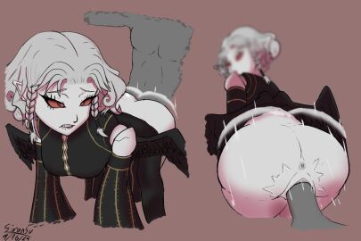 agrat_bat_mahlat_(megami_tensei) anus artist_name ass ass_focus bitting_lip black_clothing black_wings bottomless braided_hair breasts butt_focus dated demon demon_girl faceless_character female fimpoopoo grey_hair grey_penis male medium_breasts megami_tensei penis pussy red_eyes shaking_ass shaking_butt shin_megami_tensei shin_megami_tensei_v shin_megami_tensei_v:_vengeance short_hair vaginal_penetration vaginal_sex