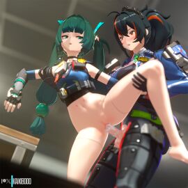 1futa 2girls 3d android black_hair blender blush female futa_on_female futanari green_eyes green_hair hoyoverse intersex kaikibooo long_hair mihoyo multicolored_hair new_eridu_public_security orange_eyes penis police pussy qingyi_(zenless_zone_zero) sex standing uncensored vaginal_penetration zenless_zone_zero zhu_yuan