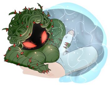 1boy 1girls big_breasts breasts female female_focus handjob human_on_plantie male nipples penis plant_girl plantie plants_vs_zombies red_eyes red_nails scratch_marks scratches straight tagme taihen_(artist) tangle_kelp_(pvz) thorns unseen_male_face water