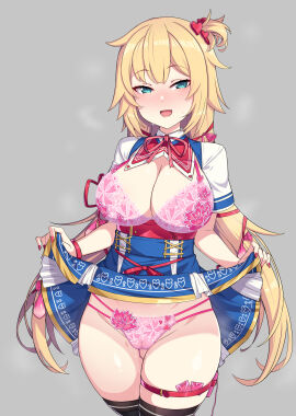 absurdres akai_haato akai_haato_(1st_costume) aqua_eyes black_thighhighs blonde_hair blue_skirt blush bra breasts cameltoe cleavage clothes_lift condom condom_wrapper exhibitionism female floral_print flower_panties gozaru hair_ribbon highres hololive hololive_gen_1 hololive_japan large_breasts lingerie long_hair looking_at_viewer open_clothes open_shirt panties pink_bra pink_panties pussy pussy_juice red_nails red_ribbon ribbon sex_toy skirt skirt_lift smile solo standing string_panties sweat thigh_strap thighhighs thighs underwear used_condom vibrator vibrator_in_thigh_strap vibrator_under_clothes vibrator_under_panties virtual_youtuber