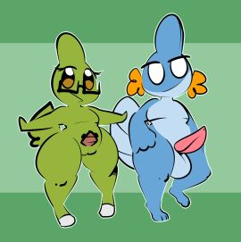 1-upclock aged_down anthro balls big_penis blue_body duo eyewear feet female femboy flat_chested gay gay_anal gay_sex generation_2_pokemon generation_3_pokemon genitals glasses green_body hi_res homosexual homosexual_male larvitar male male/female male/male male_penetrated mira_(1-upclock) mudkip nintendo penis pokemon pokemon_(species) smile tail thick_thighs xavier_(1-upclock)