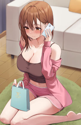 1girls armpit_crease asymmetrical_sidelocks big_breasts blus breasts brown_eyes brown_hair cellphone cleavage closed_mouth couch crop_top dot_nose female full_body gift_bag hair_between_eyes hair_intakes hand_up hi_res holding holding_phone indoors iphone iphone_13 looking_ahead midriff mole mole_under_eye off_shoulder ol-chan_(udon) orange_eyes original panties phone pink_panties pink_shirt pink_shorts shirt shorts sitting smartphone smile solo talking_on_phone tank_top three_quarter_view udon_(udonalium) underwear wariza yellow_eyes
