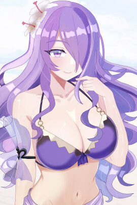 1girls big_breasts bikini breasts camilla_(fire_emblem) cleavage closed_mouth collarbone commentary_request eyelashes female fire_emblem fire_emblem_fates fire_emblem_heroes flower hair_flower hair_ornament hair_over_one_eye high_res intelligent_systems long_hair looking_at_viewer loose_hair_strand n_54 navel nintendo o-ring o-ring_bikini official_alternate_costume purple_eyes purple_pupils smile standing swimsuit wavy_hair white_flower