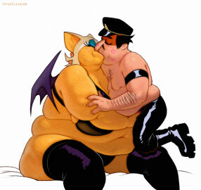 1boy animal_ears arm_hair armband bat bat_ears bat_girl bat_wings bbw belly big_belly black_bra black_hair black_headwear black_panties black_pants black_thighhighs blue_eyeshadow body_fur bra breasts chest_hair eyeshadow facial_hair fat fat_male fat_rolls female furry furry_female groping hat huge_breasts kissing leather leather_pants lipstick_mark makeup male moustache navel nipples obese overweight overweight_female panties pants peaked_cap peppino_spaghetti pizza_tower rouge_the_bat sitting sonic_(series) ssbbw straight thick_arms thighhighs totesfleisch8 underwear white_background white_fur wings yellow_fur