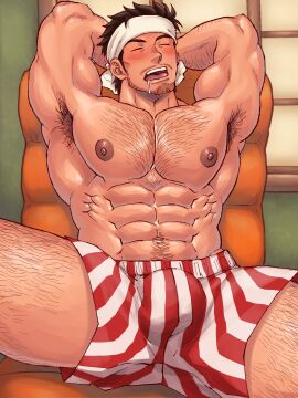 1boy abs arm_hair armpit_hair armpits arms_behind_head arms_up bandana bara beard_stubble beefy biceps big_areola big_chest big_nipples blush brown_hair bulge bulge_through_clothing chest_hair chunchunmen closed_eyes daddy dilf drooling eight_pack gay hi_res hunk leg_hair male male_only middle_aged muscles muscular muscular_arms muscular_legs muscular_male muscular_thighs mustache_stubble open_mouth original original_character pecs saliva short_hair sideburns sitting six_pack sleeping solo spread_legs striped_legwear thick_thighs towel_on_head underwear underwear_only yaoi