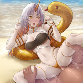 1_horn 1boy 1girls alternate_costume bare_arms bare_legs bare_midriff bikini bikini_aside black_bikini black_swimsuit blush breasts censored cleavage colored_inner_hair deep_rising female female_focus fire_emblem fire_emblem_heroes gold_bikini gold_swimsuit grey_hair gullveig_(fire_emblem) inflatable_toy innertube large_breasts leg_grab legs light-skinned_female light_skin long_hair male midriff multicolored_hair nail_polish navel nintendo official_alternate_costume open_mouth pale-skinned_female pale_skin plushie pussy sex snake solo_focus spread_legs sweat swim_ring swimsuit swimsuit_aside thor_(deep_rising) vaginal_penetration white_bikini white_swimsuit yellow_bikini yellow_eyes yellow_nails yellow_swimsuit
