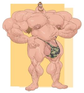 armpit_hair balls bara beard big_balls big_muscles big_penis body_hair bulge facial_hair flaccid glasses human male male_only muscles muscular penis remert rick_mitchell solo solo_male the_mitchells_vs._the_machines thong white_background yaoi yellow_background