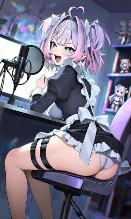 ai_generated animated ass belt_on_leg female indie_virtual_youtuber maid_uniform panties sitting_on_chair streaming_setup tagme video virtual_youtuber white_panties yuy_ix