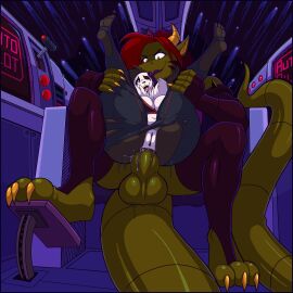 ambiguous_fluids anal anal_sex anthro armband armwear balls bear big_balls big_penis breasts clothed clothing cockpit digital_media_(artwork) duo female full_nelson genitals giant_panda green_body hair hand_on_head heart_symbol hi_res horn katamra_(spazman) legs_up legwear licking male male/female mammal motion_lines multicolored_body neck_tuft one_eye_closed open_mouth partially_clothed penetration penis pussy red_hair scalie size_difference spaz_(spazman) spazman spiked_armband spikes tongue torn_clothing tuft two-tone_body xenogon yellow_eyes