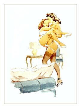 2girls bracelet brown_hair carrying carrying_another carrying_partner chair clothed_female_nude_female dress female female_only gert_gagelmann heels lamp lingerie looking_at_another looking_at_partner multiple_females multiple_girls naked nude nude_female_clothed_female partially_clothed pearl_bracelet pillow sofa strap-on strapon vintage white_dress yuri