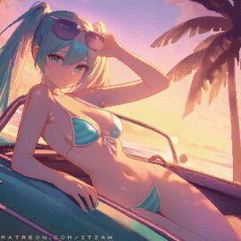 animated beach bikini blue_hair hatsune_miku itzah live2d pixel_animation pixel_art skinny vocaloid