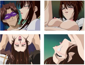 00s 2000s 2002 2boys animated blush bra breasts brown_hair cleavage clenched_teeth daraku_onna_kyoushi_hakai female five_ways_(studio) glasses grin imminent_rape large_breasts lingerie male multiple_boys multiple_males off_shoulder one_eye_closed open_mouth open_shirt ragawa_kiriko screenshot shirt smile strap_slip sunglasses underwear wince