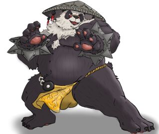 1boy anthro asian_clothing asian_conical_hat bear belly biped bottomwear bracelet bulge chest_tuft claws clothed clothing detailed_bulge east_asian_clothing eyewear fundoshi fur genital_outline giant_panda glasses hat headgear headwear howling4uwu japanese_clothing jewelry loincloth male male_anthro male_only mammal mihoyo multicolored_body multicolored_fur overweight overweight_anthro overweight_male pan_yinhu panda pawpads penis penis_outline plantigrade solo spiked_bracelet spikes topless topless_anthro topless_male tuft underwear zenless_zone_zero