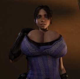 1girls 3d 3d_(artwork) alternate_breast_size barely_contained barely_contained_breasts belt big_breasts big_hips breasts breasts_bigger_than_head brown_eyes brown_hair capcom cleavage cleavage_overflow clothed clothed_female female female_human female_only fingerless_gloves from_below gloves hips hourglass_figure huge_breasts human human_female large_breasts looking_at_viewer looking_down looking_down_at_viewer pants resident_evil resident_evil_5 sheva_alomar slim_waist solo solo_female tactical_gear top_heavy top_heavy_breasts upper_body vaako wide_hips