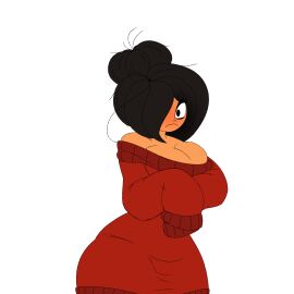 ass big_ass big_breasts black_hair blush breasts cleavage eyebrows_visible_through_hair female hair_bun hair_over_one_eye large_breasts maya_schoppenboer messy_hair ongezellig oversized_clothes shy southeast_asian sweater wide_hips