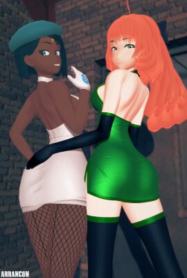 2girls arrancon ass ass_focus ciel_soleil clothed_female dark_blue_hair dress hand_on_ass long_hair long_hair_female looking_back orange_hair orange_hair_female penny_polendina rwby