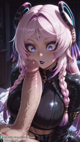 1girls ai_generated big_breasts big_penis blue_eyes breasts citlali_(genshin_impact) clothed clothed_female clothed_female_nude_male curvy curvy_body curvy_female dreamyan_ai genshin_impact goth goth_girl hi_res high_quality high_resolution highres long_hair makeup penis_awe penis_on_face pink_hair surprised thick_ass thick_thighs thighs uncensored