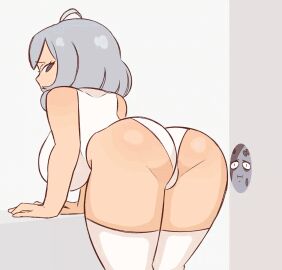 1girls animated animated_gif ass big_ass big_breasts breasts chunkymoon female grey_eyes grey_hair looking_back moo_(chunkymoon) oc original_character panties shaking_ass shaking_butt thighhighs topwear white_clothes white_panties white_skin white_thighhighs white_topwear