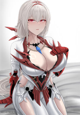 1girls alternate_costume archstreal bed bianca_(punishing:_gray_raven) breasts clothed female large_breasts long_hair pale_skin punishing:_gray_raven red_eyes red_hair robot_girl silver_hair sitting solo