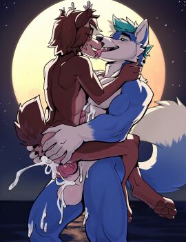 absurd_res anthro antlers ash_(chaboifap) ass bodily_fluids brown_body brown_fur canid canine canis cum cum_drip cum_in_ass cum_inside deer dripping duo ejaculation eye_contact fox french_kissing fur genital_fluids hi_res horn hybrid kissing looking_at_another male male/male mammal multicolored_body multicolored_fur nude odu paws sex size_difference stand_and_carry_position standing standing_sex tail vance_(istricer) wolf