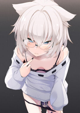 animal_ears black_bra black_nails black_panties blue_eyes blush bra cable_knit cum cum_in_pussy cum_on_clothes cumdrip downblouse female glasses hand_in_panties heart heavy_breathing highres licorice_(noja_kichi) looking_at_viewer off-shoulder_sweater off_shoulder ogami_kazuki original panties panty_pull pussy saliva short_hair solo sweater underwear white_hair white_sweater