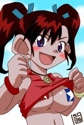 15.369_(artist) 1girls alternate_breast_size artist_name bakusou_kyoudai_let's_and_go big_breasts blue_eyes blush breasts brown_hair busty clothes_lift confident female female_only hair_ribbon highres jewelry large_breasts lifted_by_self looking_at_viewer midriff navel necklace no_bra oogami_marina open_mouth pasties ribbon sensual shirt_lift smile solo tank_top teasing twintails underboob