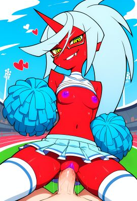 1boy1girl ai_generated blue_skirt breast_out breasts cheerleader_outfit cheerleader_uniform cowgirl_position fangs floating_heart glasses horn kneesocks_daemon light_blue_hair nipples outdoor_sex panty_&_stocking_with_garterbelt penis ponytail pov purple_nipples purple_pussy pussy pussy_juice red_skin single_horn sky straight sweat vaginal_penetration yellow_eyes