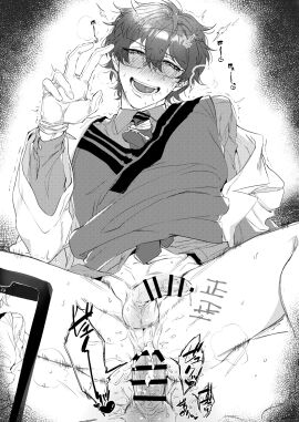 2boys anal ass balls cellphone collared_shirt cum cum_in_ass gagake_v gay gay_male glasses gloves greyscale highres holding holding_phone leos_vincent leos_vincent_(1st_costume) male male_focus monochrome multiple_boys multiple_males necktie nijisanji penis phone protected_link shirt short_hair smile spread_legs sweater_vest tally teeth testicles tie_clip virtual_youtuber yaoi