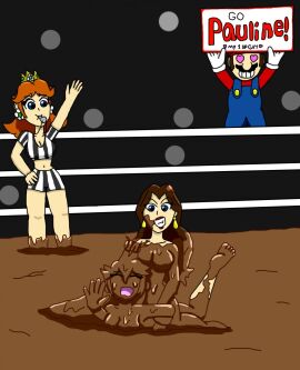 1boy 3girls breasts catfight completely_covered_in_mud covered_in_mud dirty dirty_girl doctormechapyro female female_focus fighting_ring male mario mario_(series) mud mud_wrestling muddy naked naked_female nipples nude pauline pauline_(mario) princess_daisy princess_peach