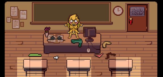 2d alphys alphys_(deltarune) ambiguous_gender anthro bottomless_humanoid classroom clothing_aside deltarune female female_penetrated glasses human_penetrating humanoid kris_(deltarune) lizard_girl lizard_humanoid naked_female nsfwfromd pixel_art reptile reptile_humanoid reverse_suspended_congress scalie sex standing standing_on_desk standing_on_object standing_sex undertale_(series) yellow_body yellow_skin