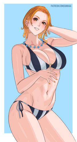 1girls big_breasts bikini bikini_bottom breasts brown_eyes busty cleavage female female_only light-skinned_female light_skin nami_(one_piece) necklace one_piece one_piece_film_strong_world orange-haired_female orange_hair orange_nails painted_fingernails painted_nails patreon_username pre-timeskip short_hair striped_bikini swimsuit uukkaa water_droplets wet